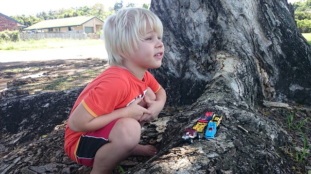 chlapec s autíčky u stromu
